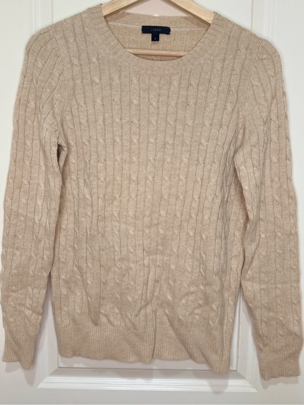 🤍 J.Crew Cable Knit Wool Blend Sweater Small Beige Crewneck Classic Preppy
